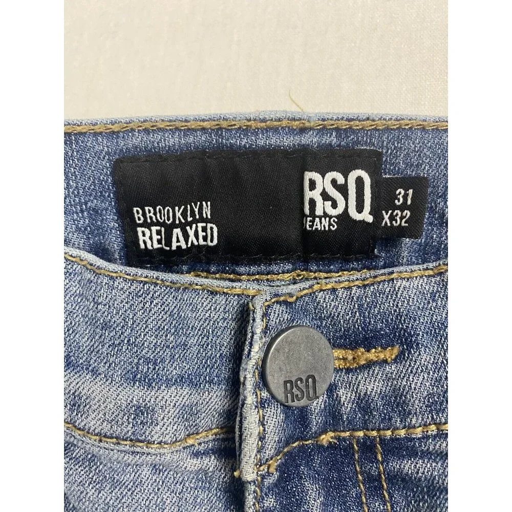 RSQ Jeans 31x32 Brooklyn Relaxed Distressed Medium Wash Denim Blue Faded Stretch